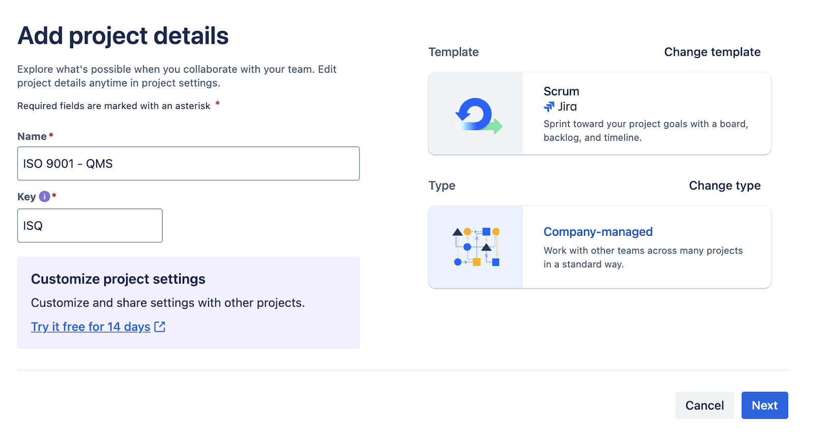 The first step of establishing ISO 9001 with Jira is to create a dedicated project.